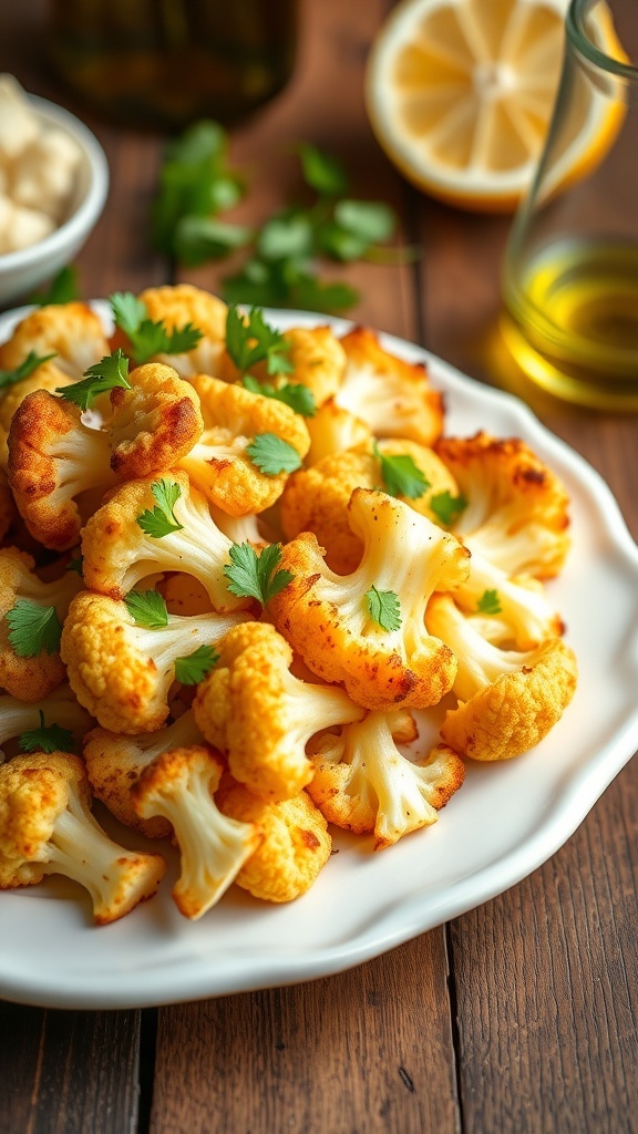 Roasted Mediterranean cauliflower garnished with parsley and lemon on a wooden table.